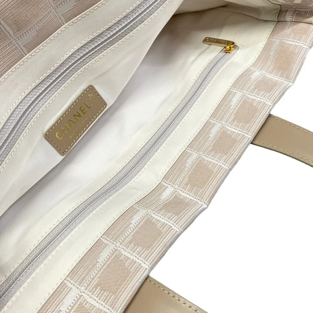 Chanel New Travel Line Tote MM Tote Bag Beige White Nylon Jacquard Leather
